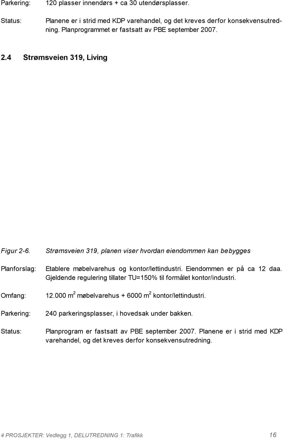 Planforslag: Omfang: Parkering: Status: Strømsveien 319, planen viser hvordan eiendommen kan bebygges Etablere møbelvarehus og kontor/lettindustri. Eiendommen er på ca 12 daa.