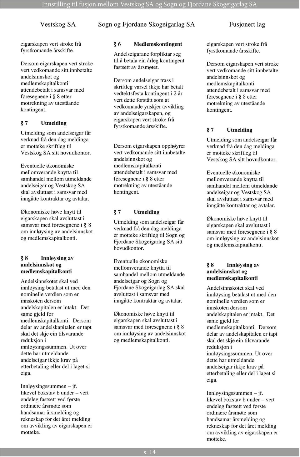 7 Utmelding Utmelding som andelseigar får verknad frå den dag meldinga er motteke skriftleg til Vestskog SA sitt hovudkontor.