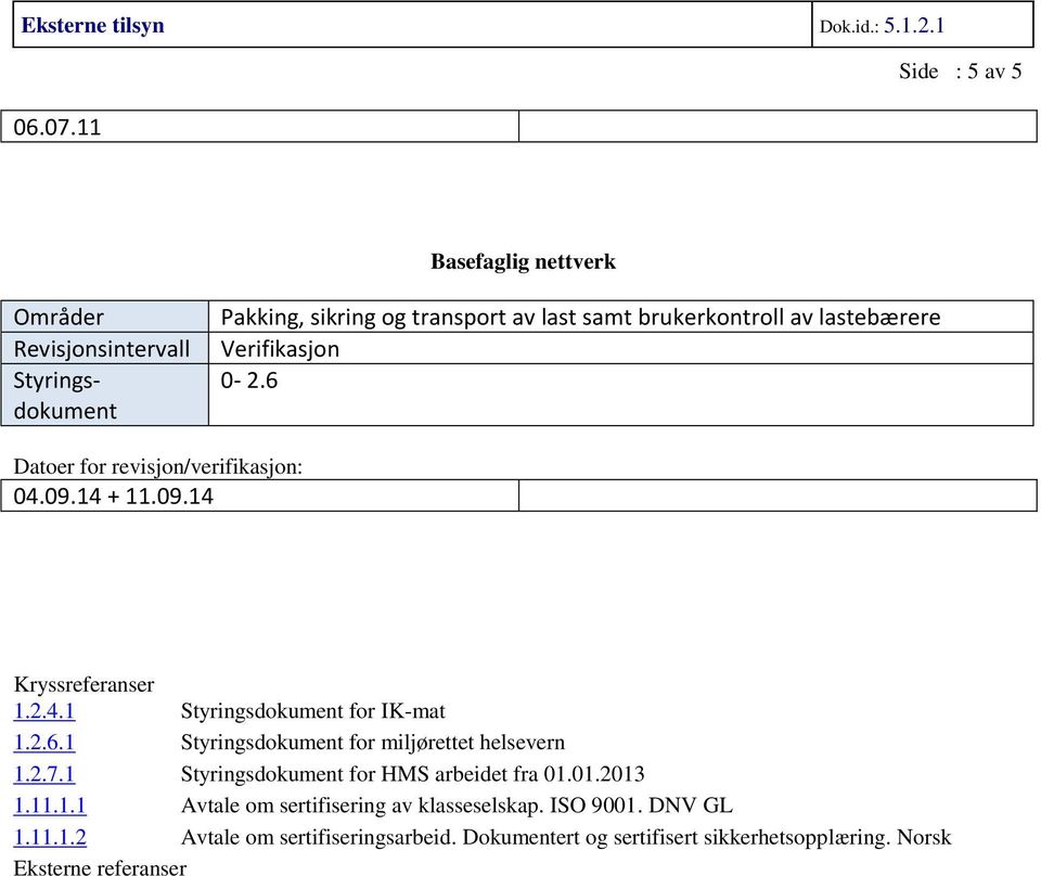 0-2.6 Datoer for revisjon/verifikasjon: 04.09.14 + 11.09.14 Kryssreferanser 1.2.4.1 for IK-mat 1.2.6.1 for miljørettet helsevern 1.