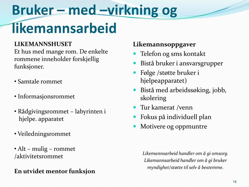 apparatet Veiledningsrommet Likemannsoppgaver Telefon og sms kontakt Bistå bruker i ansvarsgrupper Følge /støtte bruker i hjelpeapparatet) Bistå med