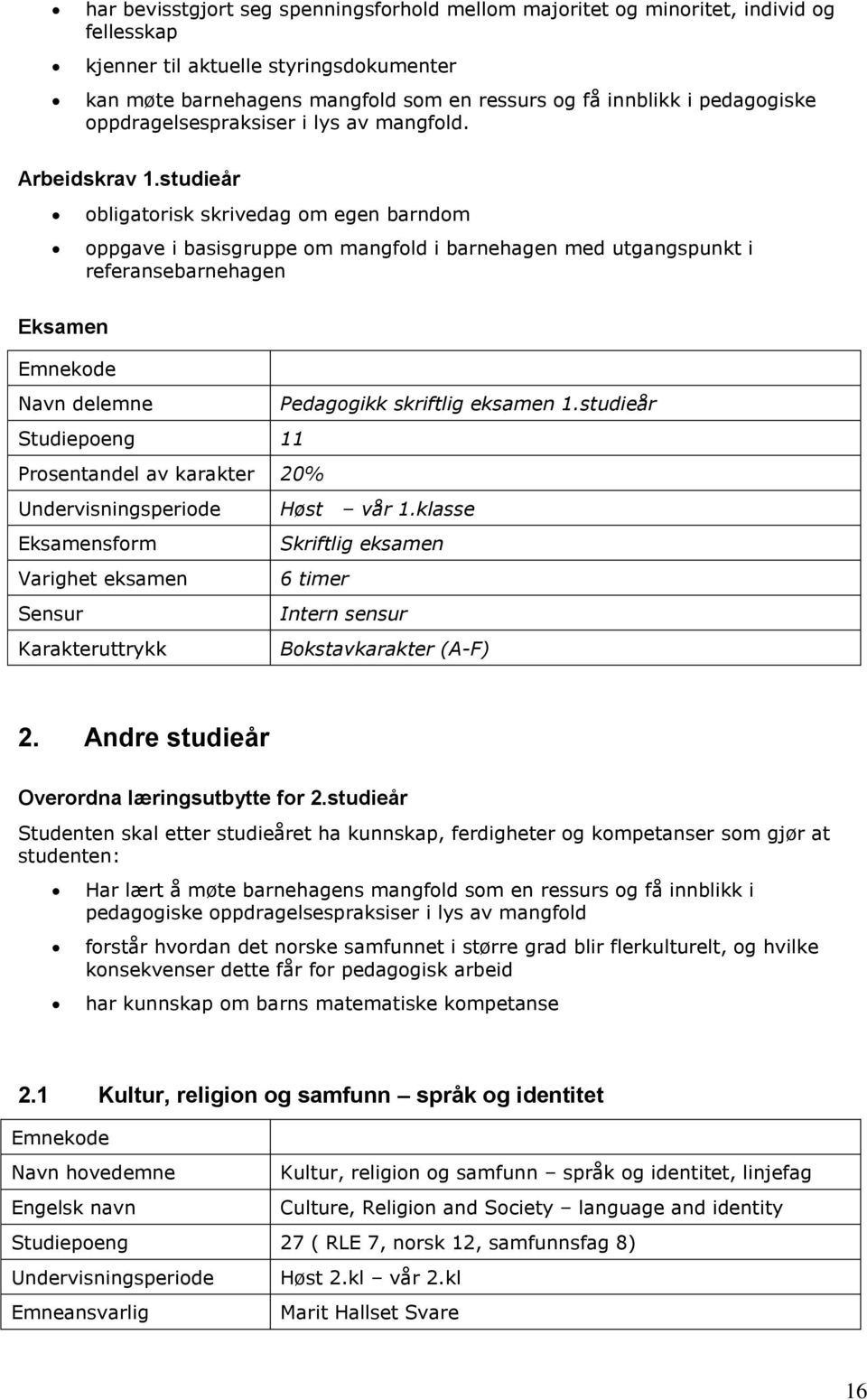 studieår obligatorisk skrivedag om egen barndom oppgave i basisgruppe om mangfold i barnehagen med utgangspunkt i referansebarnehagen Eksamen Emnekode Navn delemne Pedagogikk skriftlig eksamen 1.