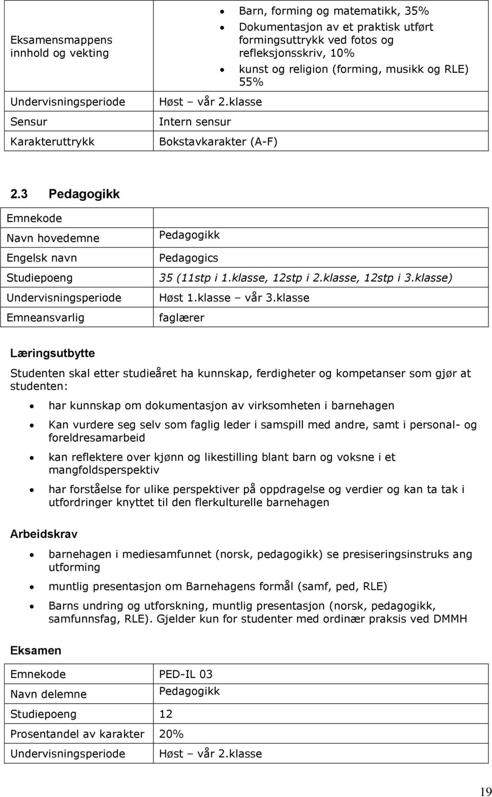 og RLE) 55% 2.3 Pedagogikk Emnekode Navn hovedemne Engelsk navn Studiepoeng Undervisningsperiode Emneansvarlig Pedagogikk Pedagogics 35 (11stp i 1.klasse, 12stp i 2.klasse, 12stp i 3.klasse) Høst 1.