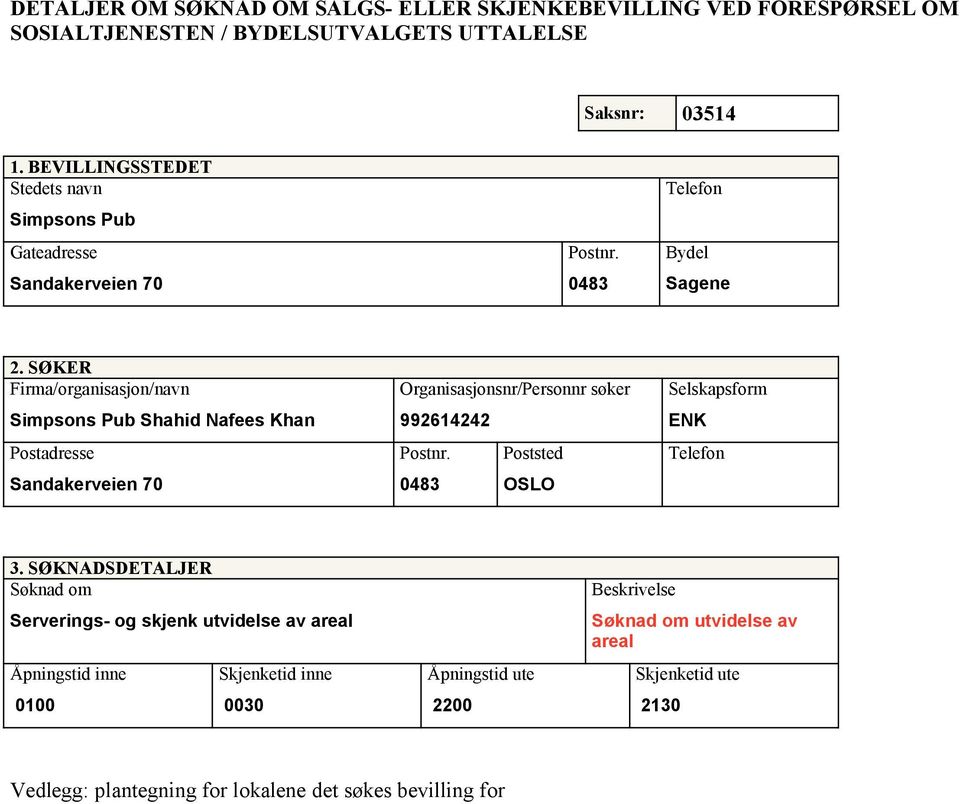 SØKER Firma/organisasjon/navn Simpsons Pub Shahid Nafees Khan Postadresse Sandakerveien 70 Organisasjonsnr/Personnr søker 992614242 Postnr.