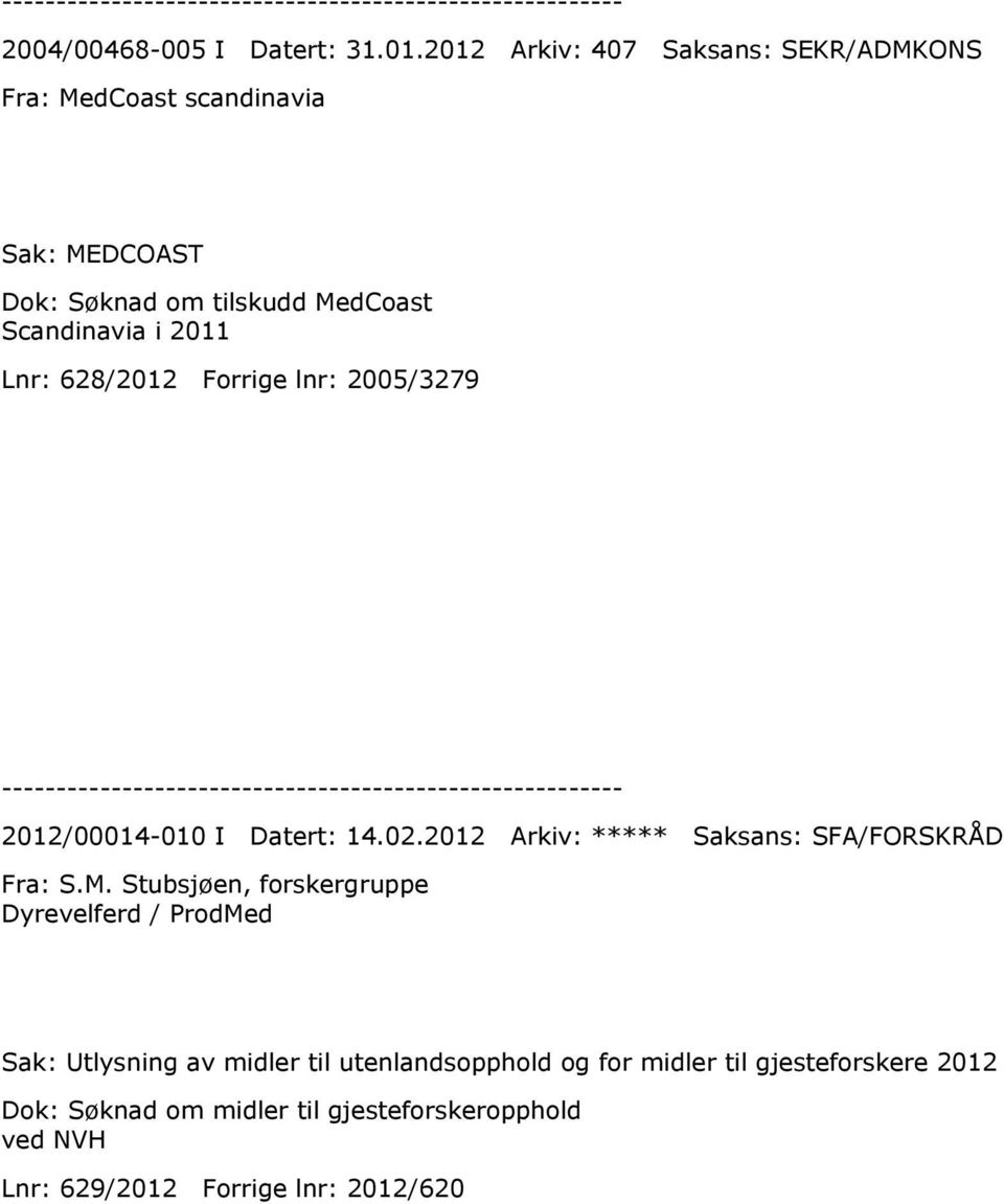 2011 Lnr: 628/2012 Forrige lnr: 2005/3279 2012/00014-010 I Datert: 14.02.2012 Arkiv: ***** Saksans: SFA/FORSKRÅD Fra: S.M.