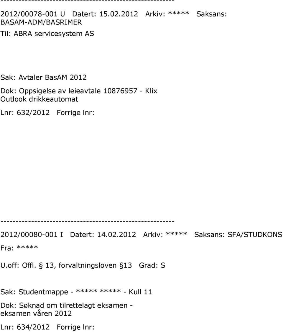 Oppsigelse av leieavtale 10876957 - Klix Outlook drikkeautomat Lnr: 632/2012 Forrige lnr: 2012/00080-001 I