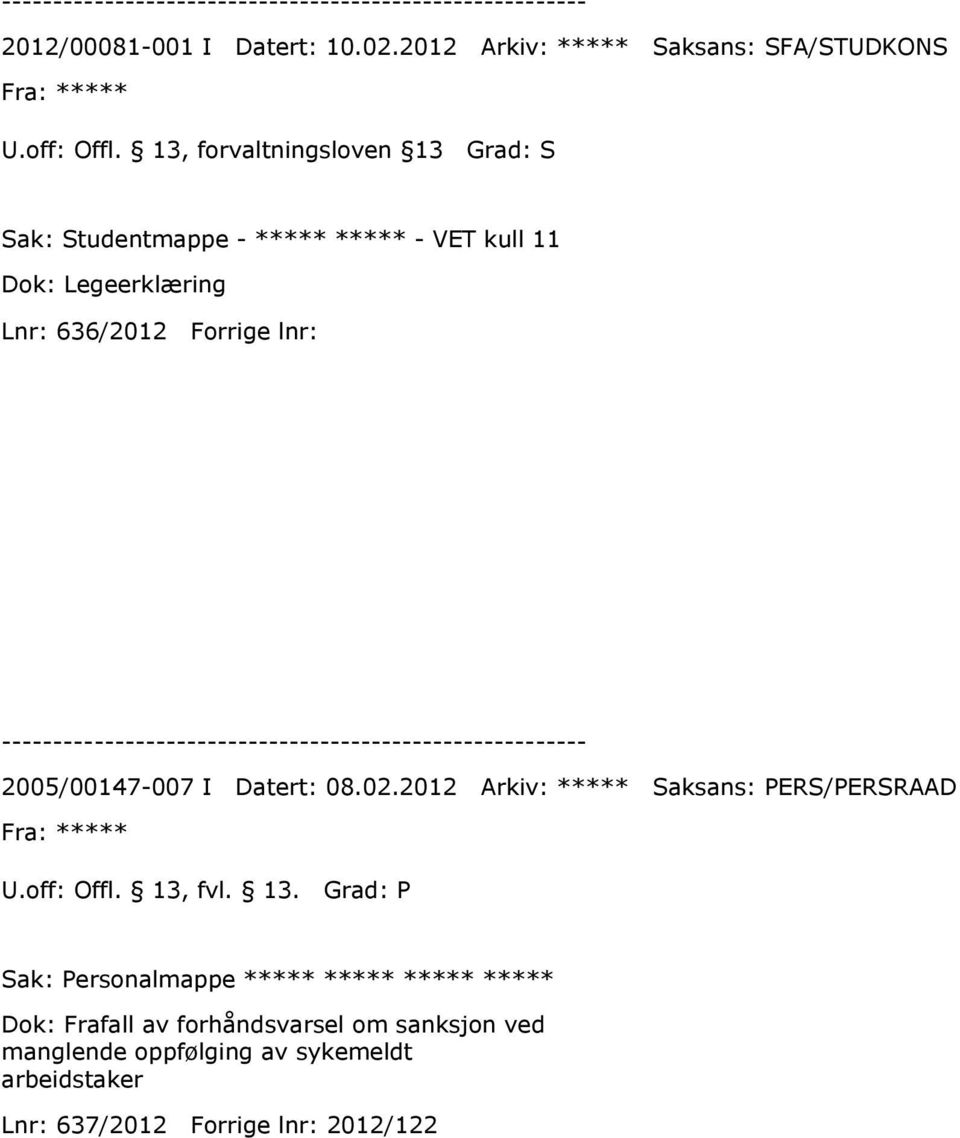 Lnr: 636/2012 Forrige lnr: 2005/00147-007 I Datert: 08.02.2012 Arkiv: ***** Saksans: PERS/PERSRAAD Fra: ***** U.