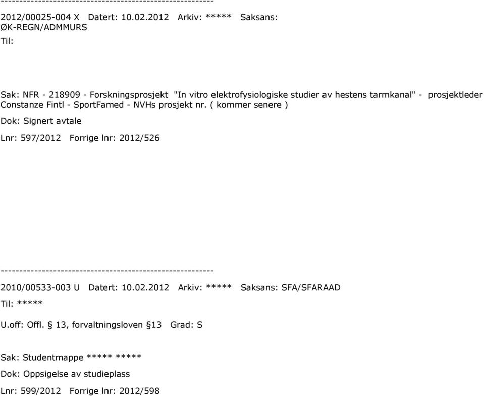 2012 Arkiv: ***** Saksans: ØK-REGN/ADMMURS Til: Sak: NFR - 218909 - Forskningsprosjekt "In vitro elektrofysiologiske