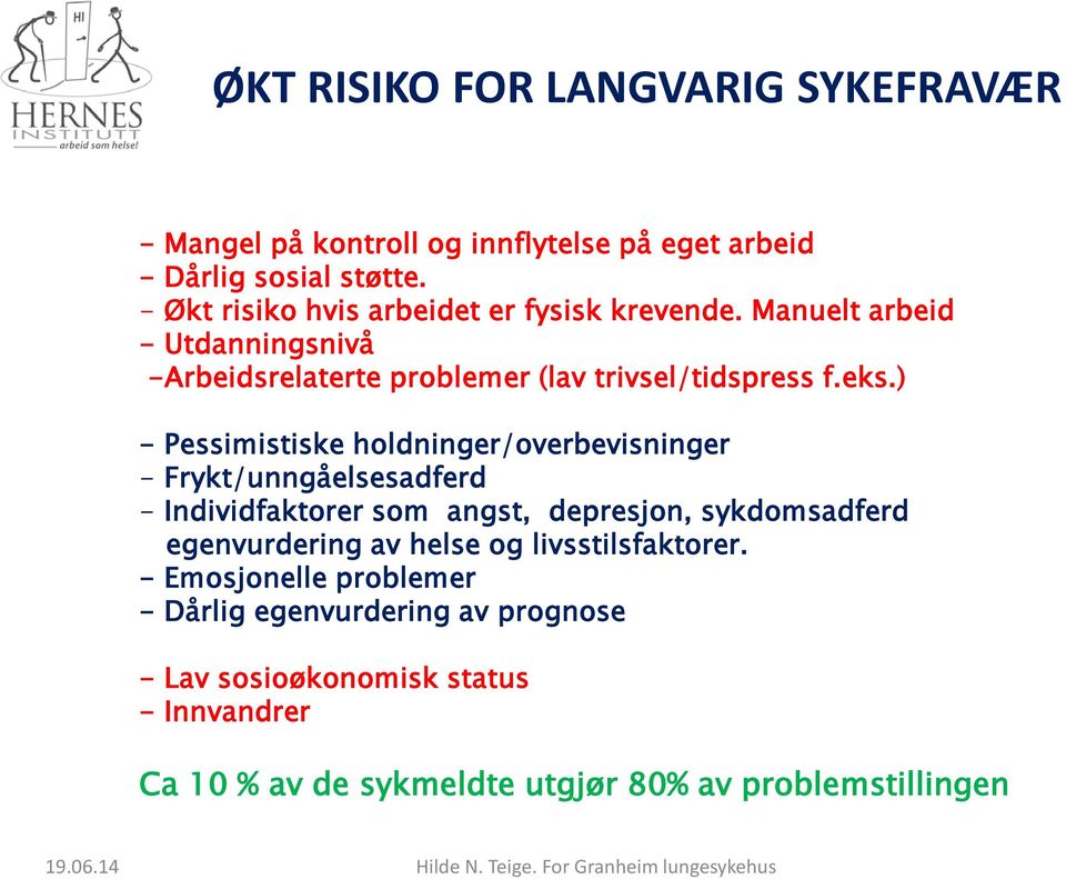 ) - Pessimistiske holdninger/overbevisninger - Frykt/unngåelsesadferd - Individfaktorer som angst, depresjon, sykdomsadferd egenvurdering av