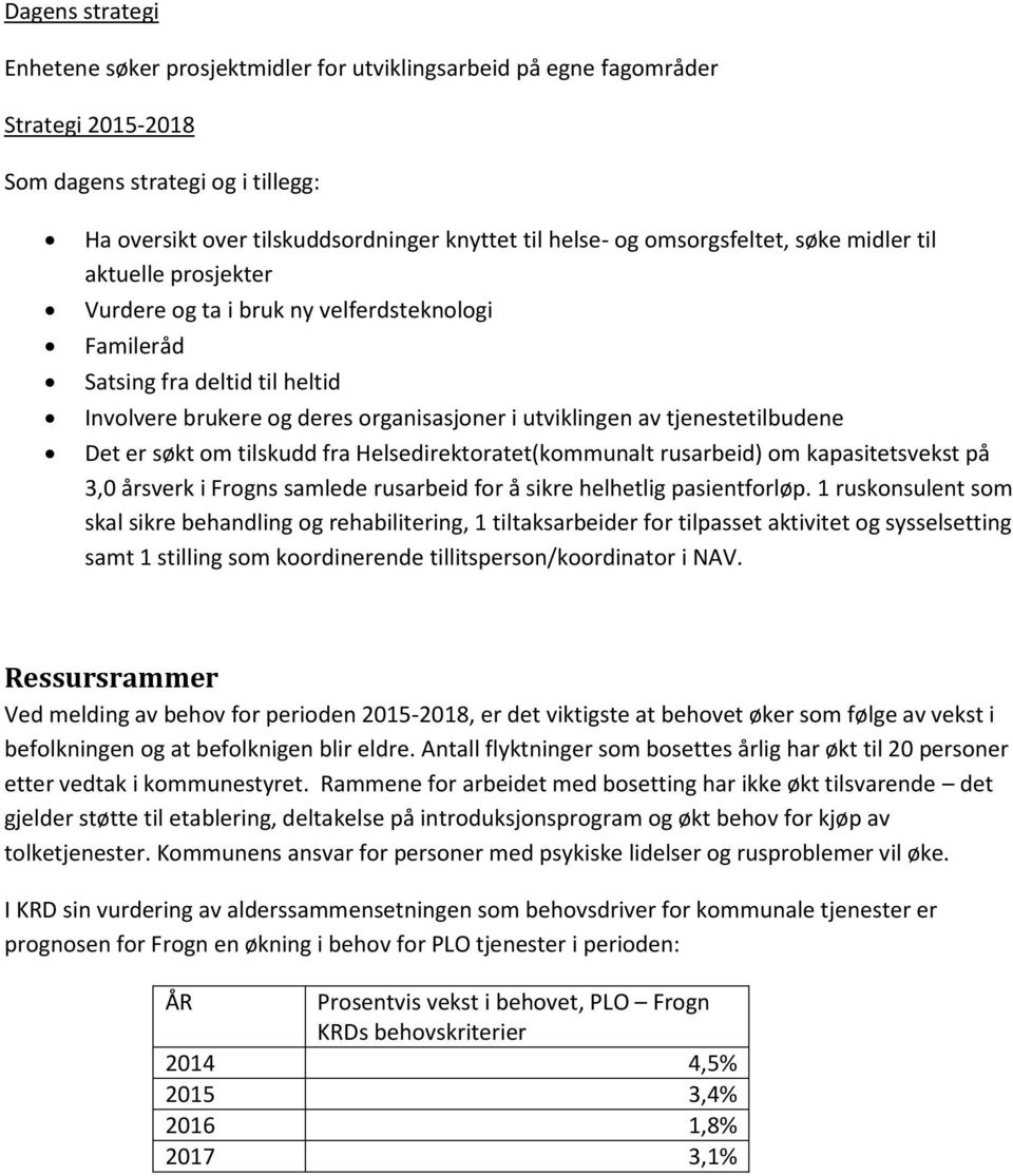 tjenestetilbudene Det er søkt om tilskudd fra Helsedirektoratet(kommunalt rusarbeid) om kapasitetsvekst på 3,0 årsverk i Frogns samlede rusarbeid for å sikre helhetlig pasientforløp.