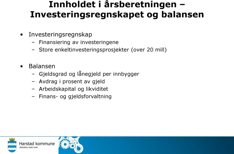 enkeltinvesteringsprosjekter (over 20 mill) Balansen Gjeldsgrad og