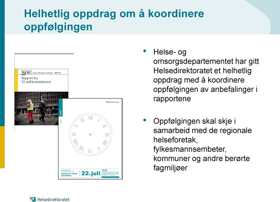 koordinere oppfølgingen av anbefalinger i rapportene Oppfølgingen skal skje