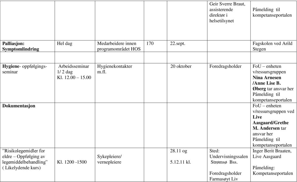 1/ 2 dag Kl. 12.00 15.00 Kl. 1200-1500 Hygienekontakter m.fl. Sykepleiere/ vernepleiere 20 oktober Foredragsholder Nina Arnesen /Anne Lise B.