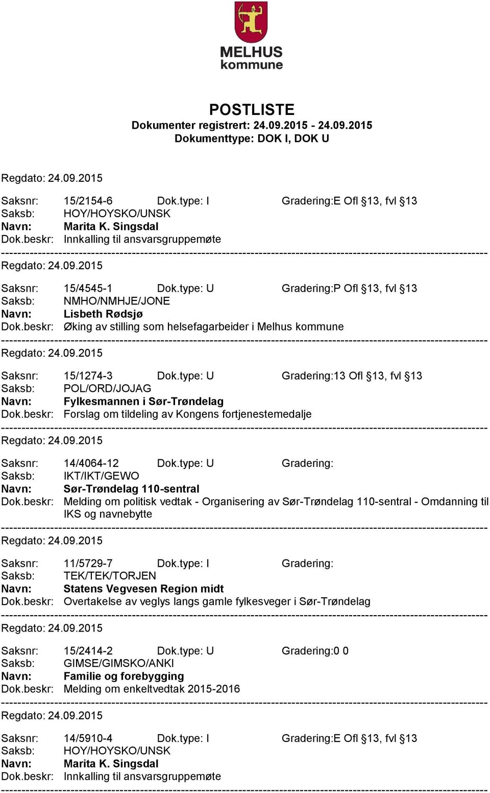 type: U Gradering:13 Ofl 13, fvl 13 Saksb: POL/ORD/JOJAG Fylkesmannen i Sør-Trøndelag Dok.beskr: Forslag om tildeling av Kongens fortjenestemedalje Saksnr: 14/4064-12 Dok.