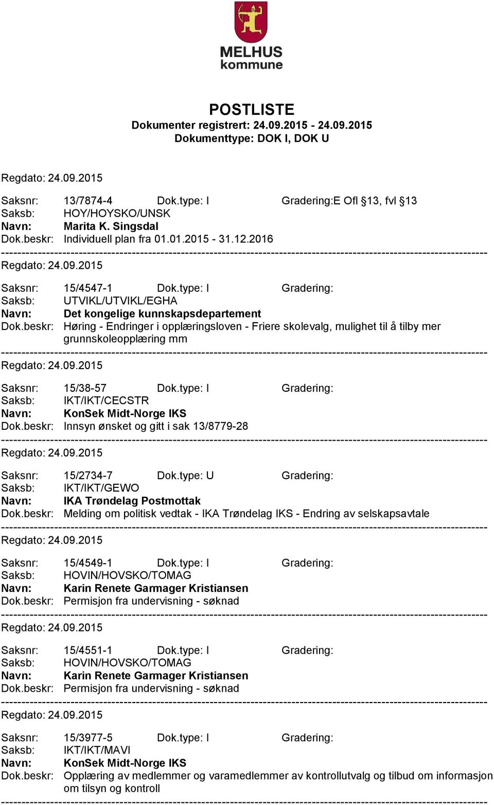 beskr: Høring - Endringer i opplæringsloven - Friere skolevalg, mulighet til å tilby mer grunnskoleopplæring mm Saksnr: 15/38-57 Dok.type: I Gradering: Saksb: IKT/IKT/CECSTR KonSek Midt-Norge IKS Dok.