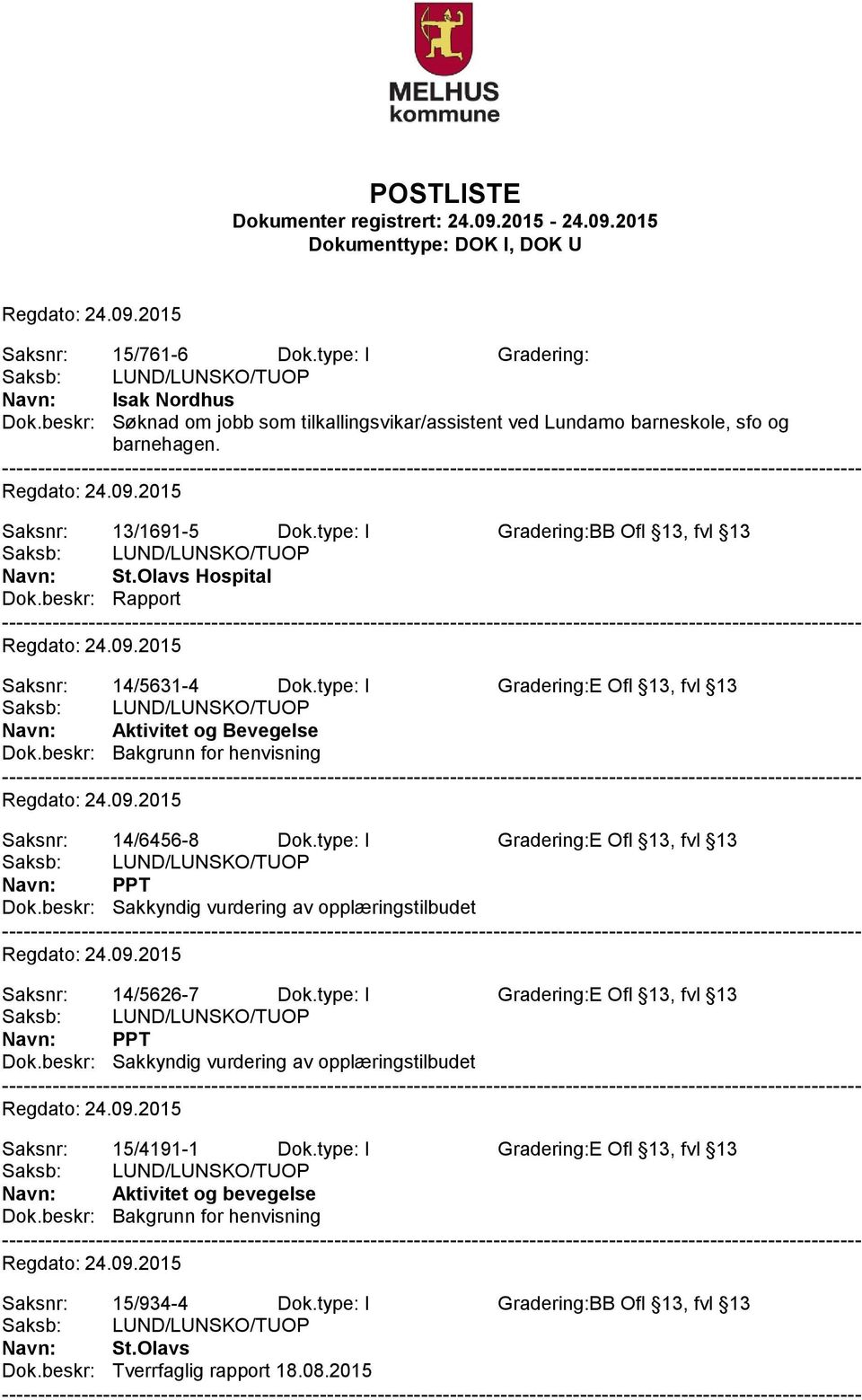 beskr: Bakgrunn for henvisning Saksnr: 14/6456-8 Dok.type: I Gradering:E Ofl 13, fvl 13 PPT Dok.beskr: Sakkyndig vurdering av opplæringstilbudet Saksnr: 14/5626-7 Dok.