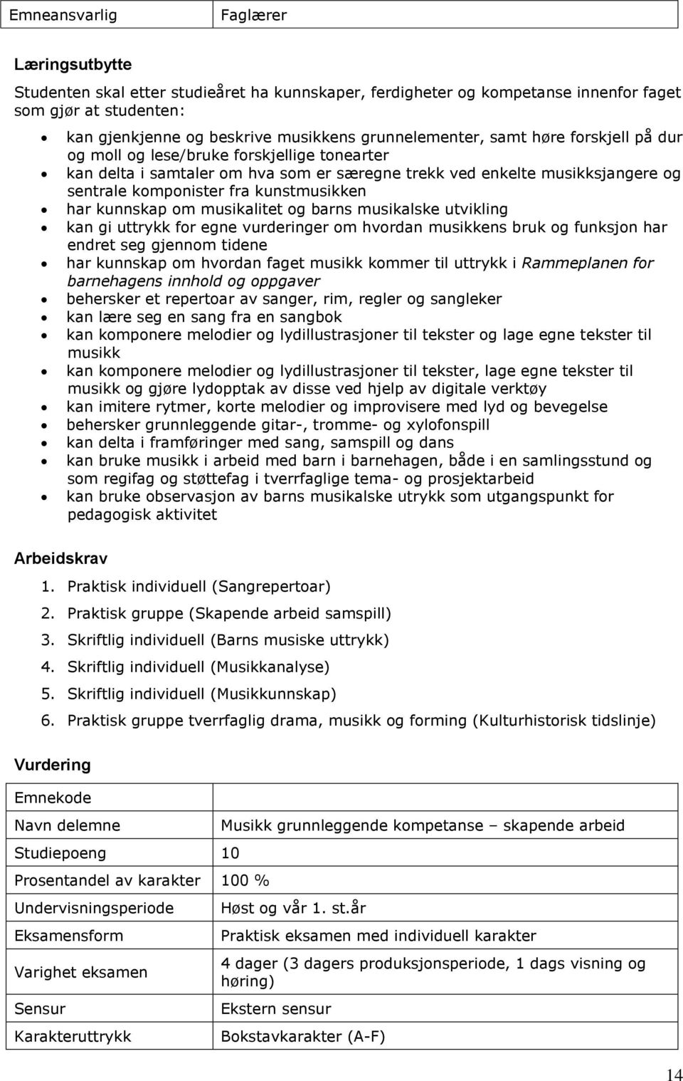 kunstmusikken har kunnskap om musikalitet og barns musikalske utvikling kan gi uttrykk for egne vurderinger om hvordan musikkens bruk og funksjon har endret seg gjennom tidene har kunnskap om hvordan