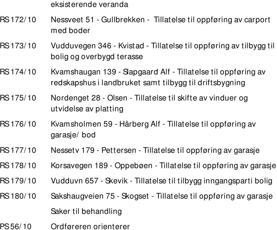 driftsbygning Nordenget 28 - Olsen - Tillatelse til skifte av vinduer og utvidelse av platting Kvamsholmen 59 - Hårberg Alf - Tillatelse til oppføring av garasje/ bod Nessetv 179 - Pettersen -