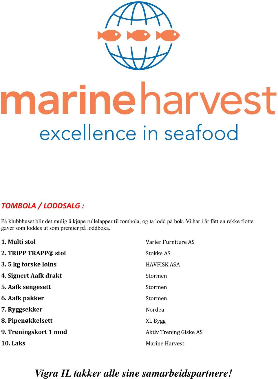 TRIPP TRAPP stol Stokke AS 3. 5 kg torske loins HAVFISK ASA 4. Signert Aafk drakt Stormen 5. Aafk sengesett Stormen 6.