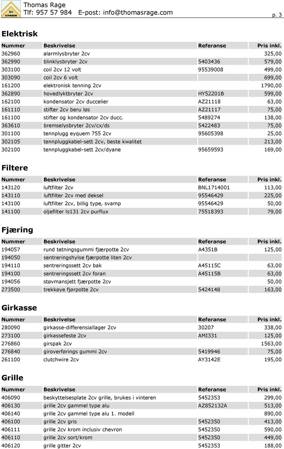 362890 hovedlyktbryter 2cv HY52201B 599,00 162100 kondensator 2cv duccelier AZ21118 63,00 161110 stifter 2cv beru løs AZ21117 75,00 161100 stifter og kondensator 2cv ducc.