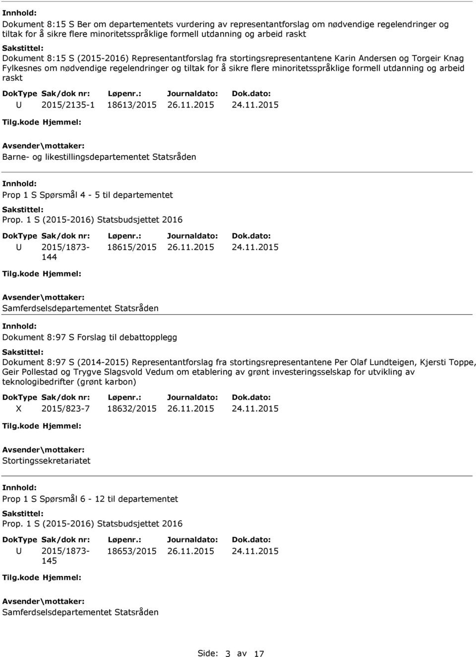 arbeid raskt 2015/2135-1 18613/2015 Barne- og likestillingsdepartementet Statsråden Prop 1 S Spørsmål 4-5 til departementet Prop.