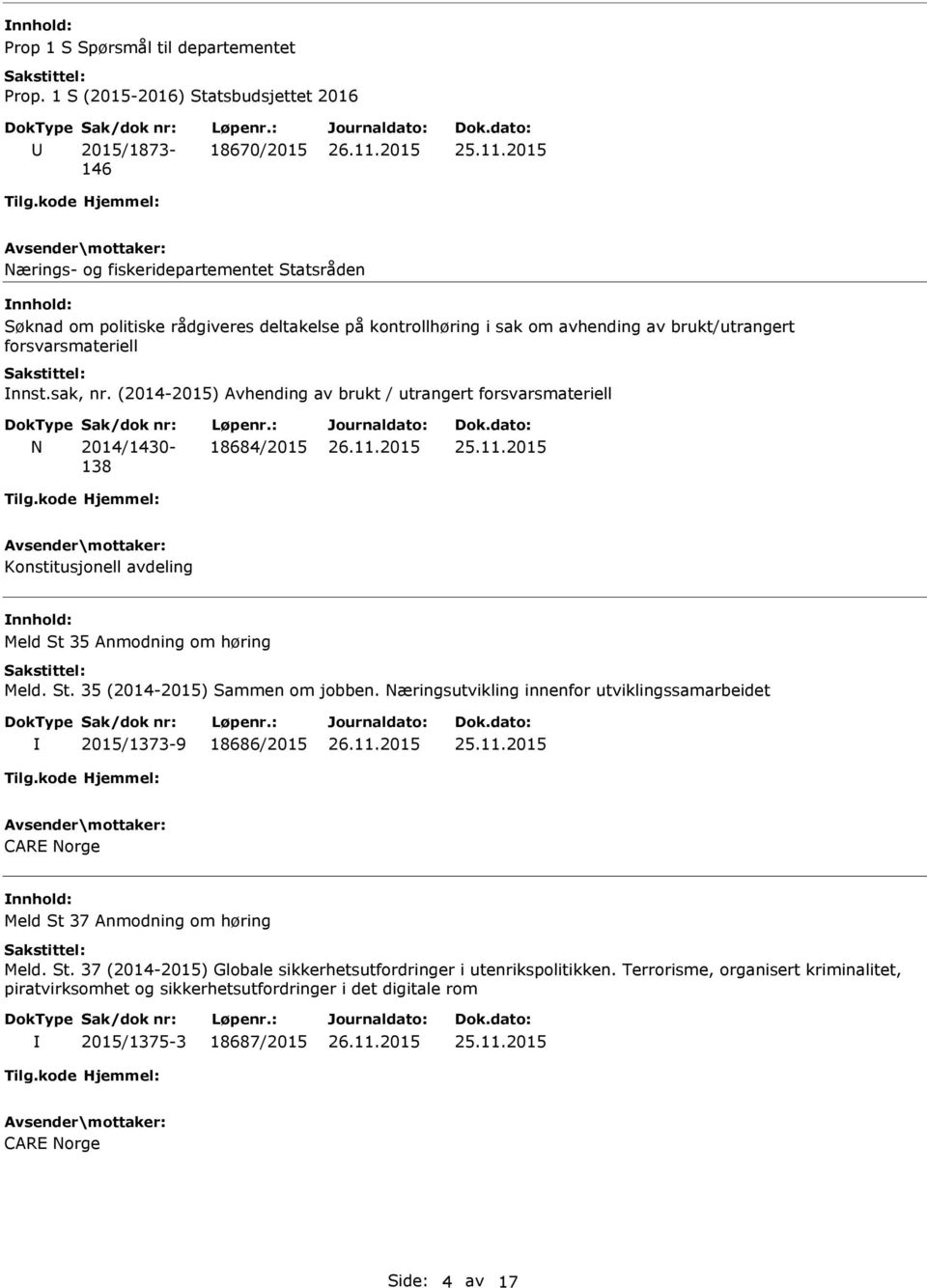 brukt/utrangert forsvarsmateriell nnst.sak, nr. (2014-2015) Avhending av brukt / utrangert forsvarsmateriell N 2014/1430-138 18684/2015 Konstitusjonell avdeling Meld St 35 Anmodning om høring Meld.