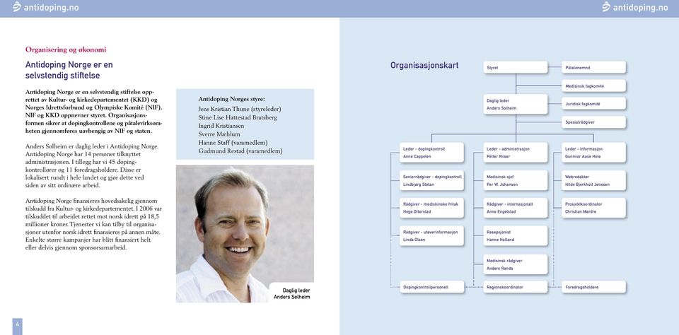 Anders Solheim er daglig leder i Antidoping Norge. Antidoping Norge har 14 personer tilknyttet administrasjonen. I tillegg har vi 45 dopingkontrollører og 11 foredragsholdere.