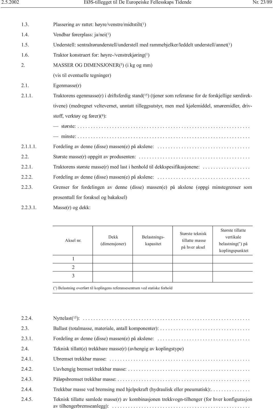 MASSER OG DIMENSJONER( 5 ) (i kg og mm) (vis til eventuelle tegninger) 2.1.