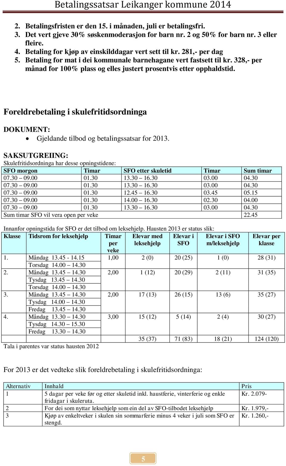 328,- per månad for 100% plass og elles justert prosentvis etter opphaldstid. Foreldrebetaling i skulefritidsordninga Gjeldande tilbod og betalingssatsar for 2013.