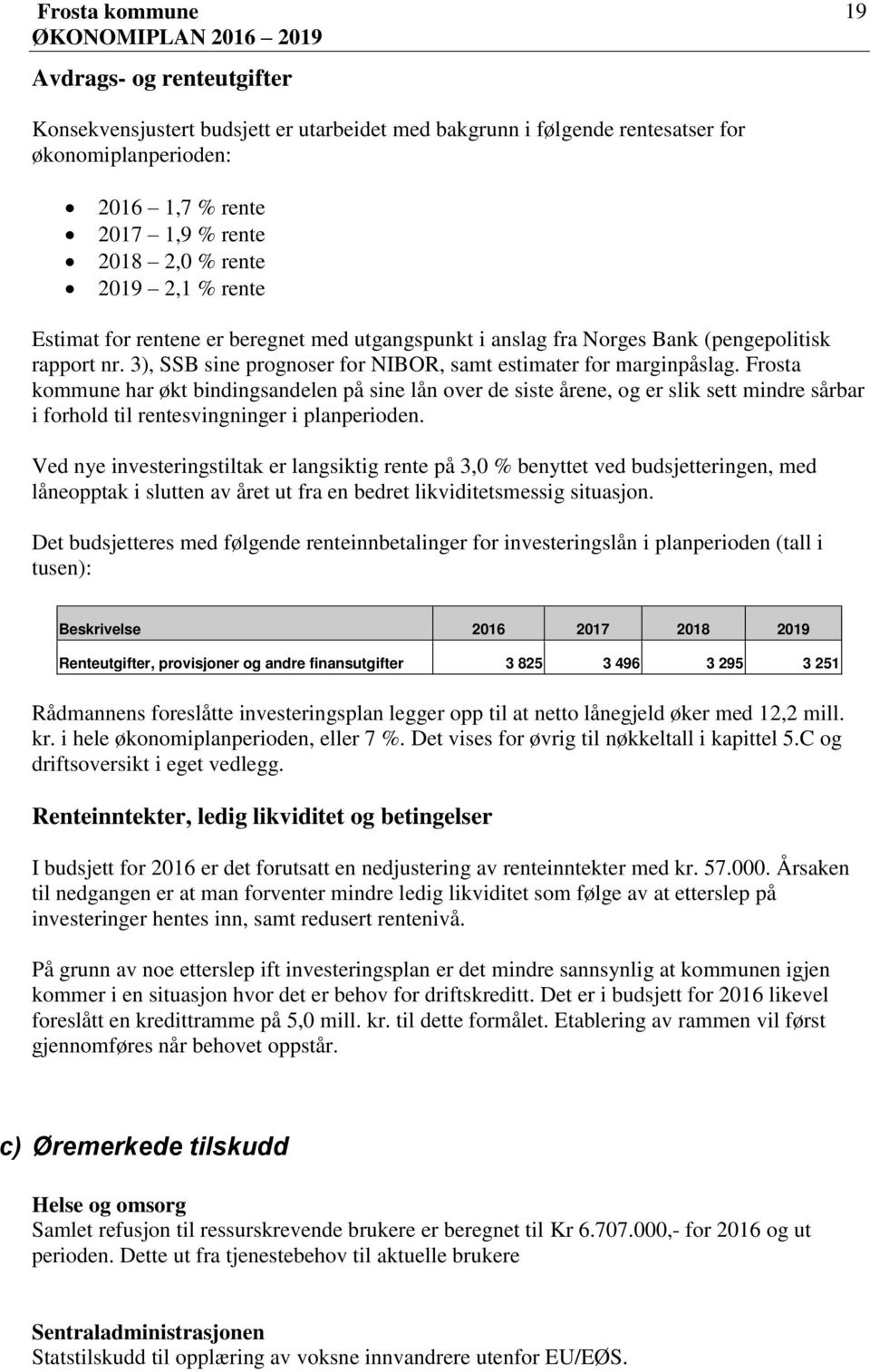 Frosta kommune har økt bindingsandelen på sine lån over de siste årene, og er slik sett mindre sårbar i forhold til rentesvingninger i planperioden.