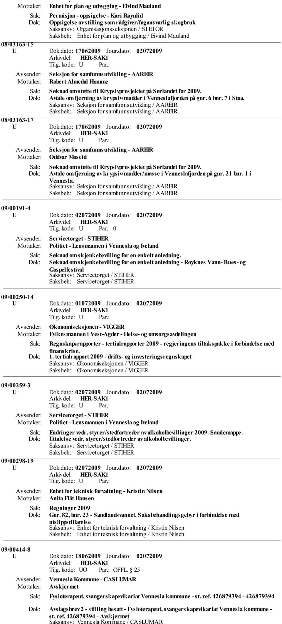 dato: Seksjon for samfunnsutvikling - AAREIR Robert Almedal Homme Søknad om støtte til Krypsivprosjektet på Sørlandet for 2009. Avtale om fjerning av krypsiv/mudder i Venneslafjorden på gnr. 6 bnr.