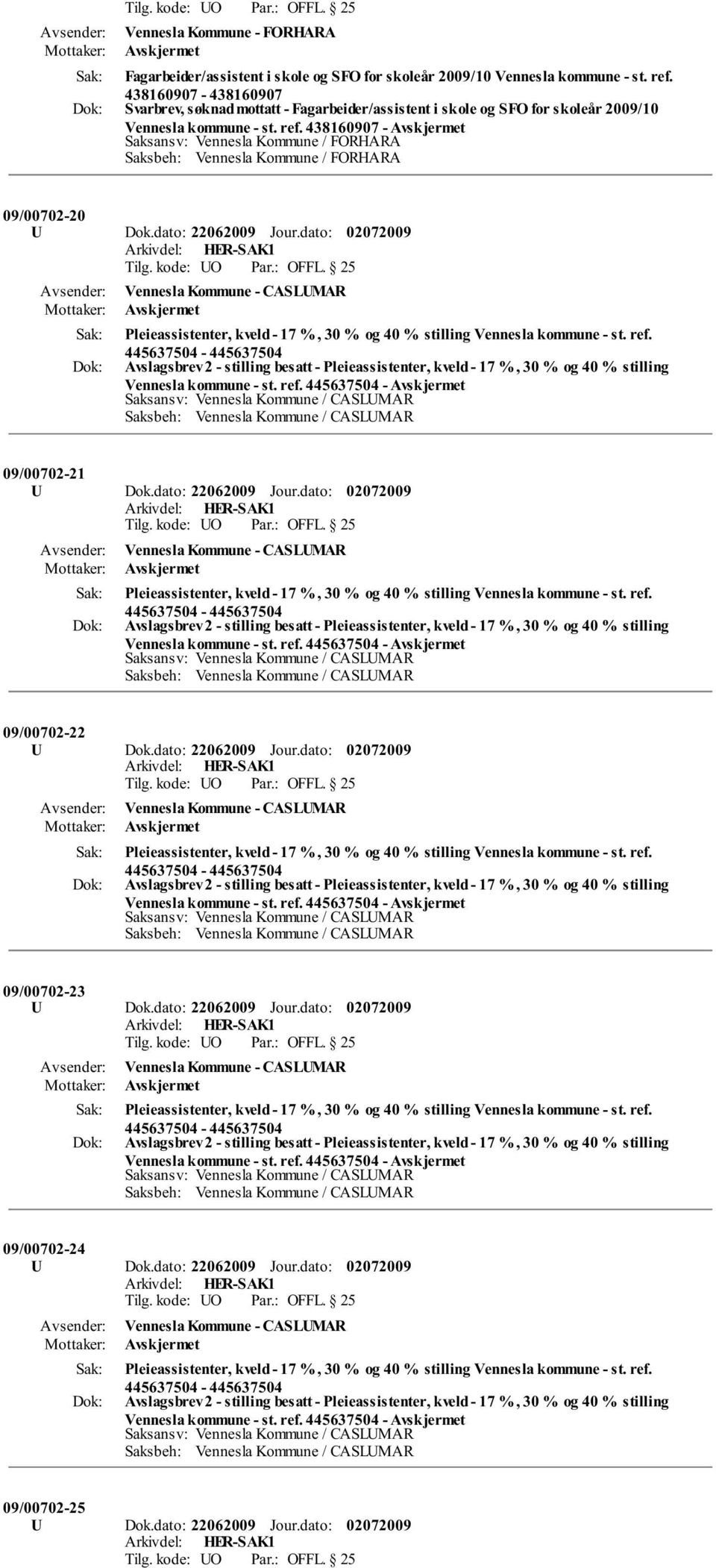 438160907 - Saksansv: Vennesla Kommune / FORHARA Saksbeh: Vennesla Kommune / FORHARA 09/00702-20 U Dok.dato: 22062009 Jour.