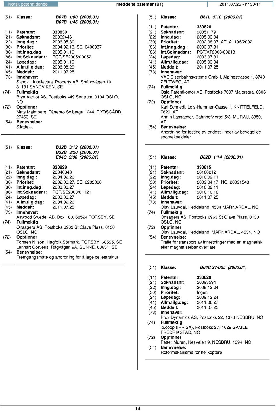 29 Sandvik Intellectual Property AB, Spångvägen 10, 81181 SANDVIKEN, SE Bryn Aarflot AS, Postboks 449 Sentrum, 0104 OSLO, Mats Malmberg, Tånebro Solberga 1244, RYDSGÅRD, 27463, SE Siktdekk (51)