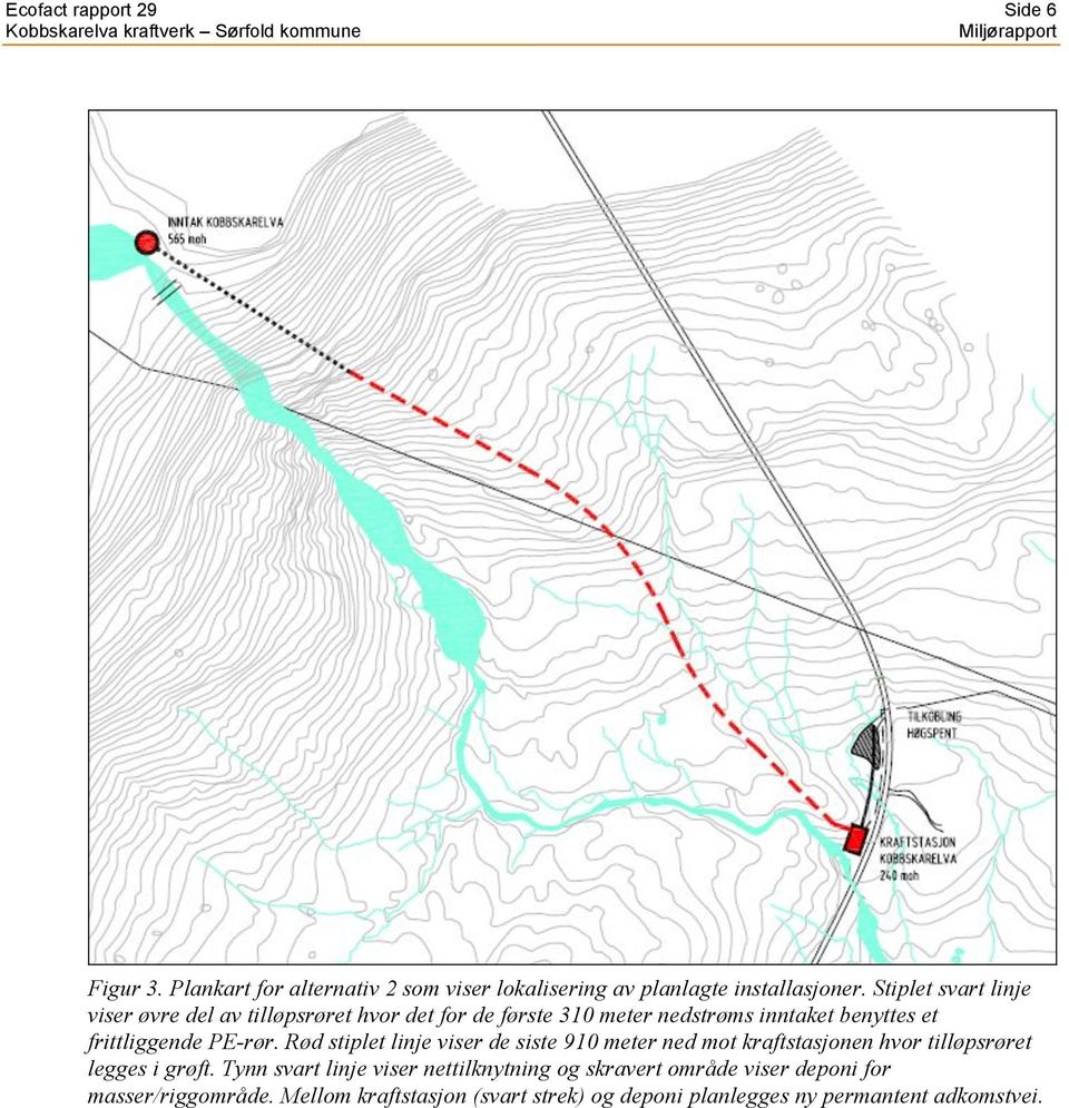 PE-rør. Rød stiplet linje viser de siste 910 meter ned mot kraftstasjonen hvor tilløpsrøret legges i grøft.