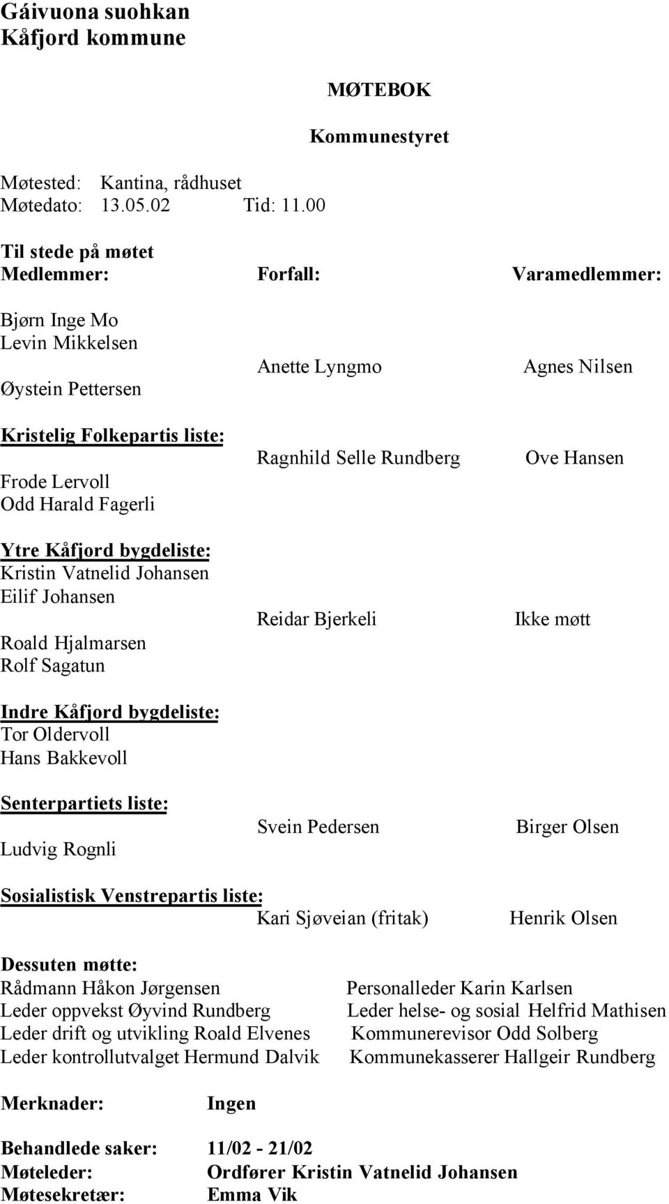 Kåfjord bygdeliste: Kristin Vatnelid Johansen Eilif Johansen Roald Hjalmarsen Rolf Sagatun Indre Kåfjord bygdeliste: Tor Oldervoll Hans Bakkevoll Senterpartiets liste: Ludvig Rognli Anette Lyngmo