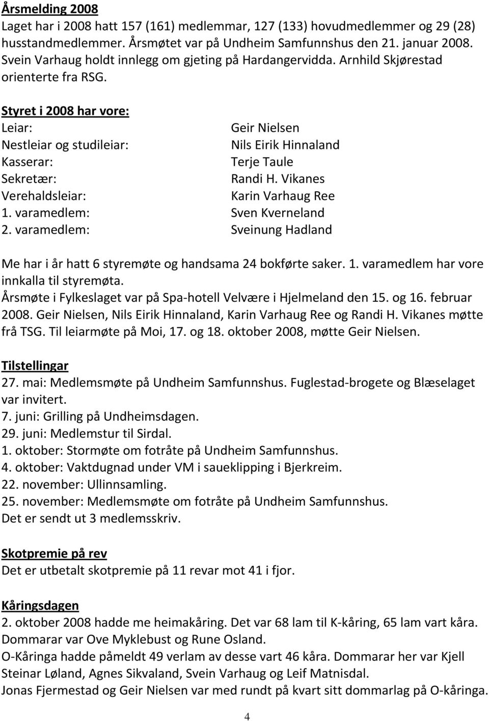 Styret i 2008 har vore: Leiar: Geir Nielsen Nestleiar og studileiar: Nils Eirik Hinnaland Kasserar: Terje Taule Sekretær: Randi H. Vikanes Verehaldsleiar: Karin Varhaug Ree 1.