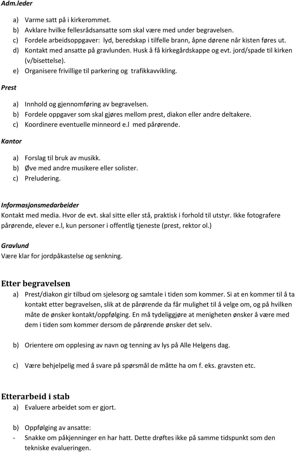 jord/spade til kirken (v/bisettelse). e) Organisere frivillige til parkering og trafikkavvikling. a) Innhold og gjennomføring av begravelsen.