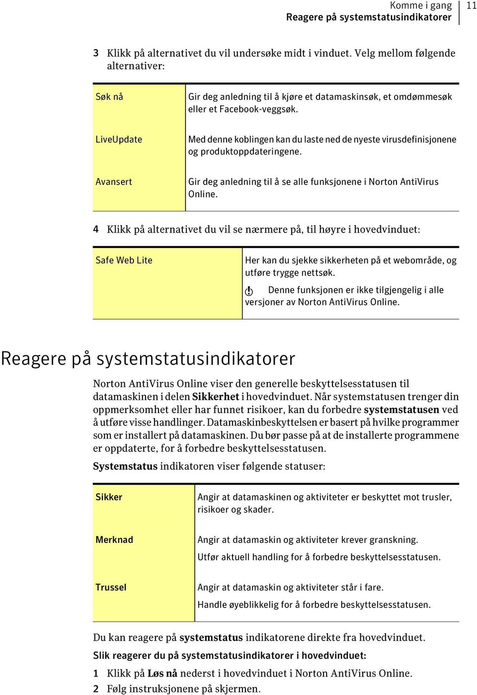 LiveUpdate Med denne koblingen kan du laste ned de nyeste virusdefinisjonene og produktoppdateringene. Avansert Gir deg anledning til å se alle funksjonene i Norton AntiVirus Online.