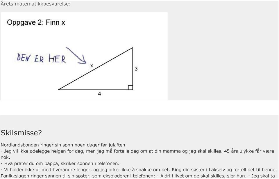 - Hva prater du om pappa, skriker sønnen i telefonen. - Vi holder ikke ut med hverandre lenger, og jeg orker ikke å snakke om det.