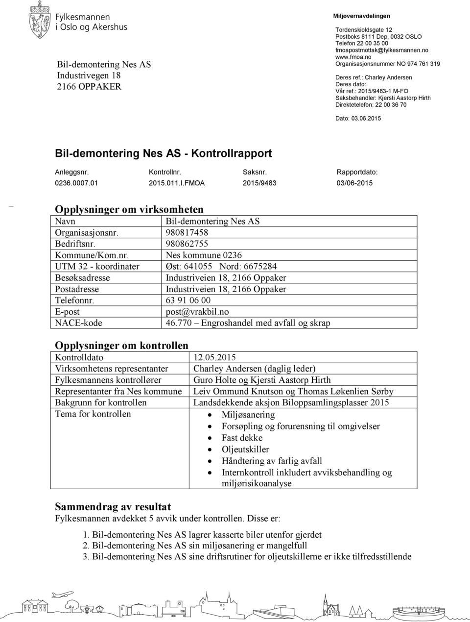 Kontrollnr. Saksnr. Rapportdato: 0236.0007.01 2015.011.I.FMOA 2015/9483 03/06-2015 Opplysninger om virksomheten Navn Bil-demontering Nes AS Organisasjonsnr. 980817458 Bedriftsnr.