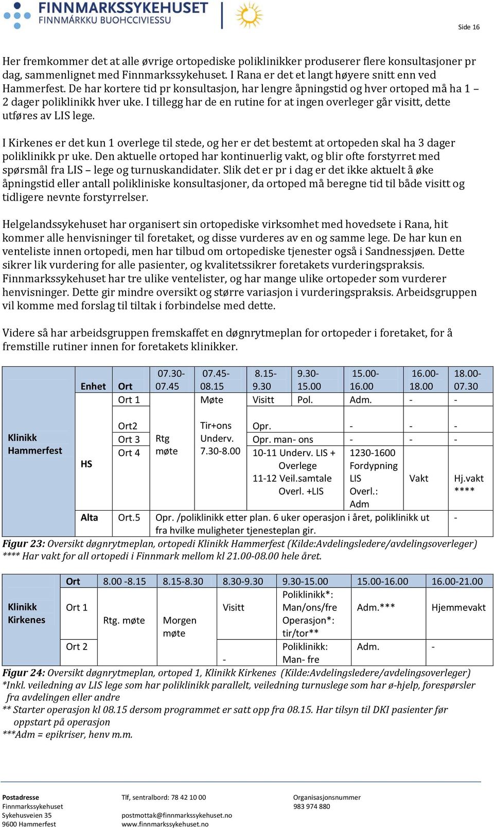 I Kirkenes er det kun 1 overlege til stede, og her er det bestemt at ortopeden skal ha 3 dager poliklinikk pr uke.