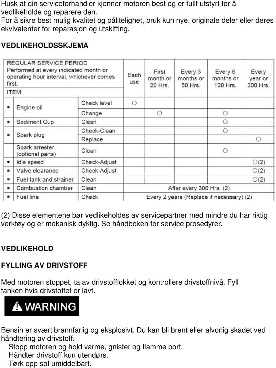 VEDLIKEHOLDSSKJEMA (2) Disse elementene bør vedlikeholdes av servicepartner med mindre du har riktig verktøy og er mekanisk dyktig. Se håndboken for service prosedyrer.