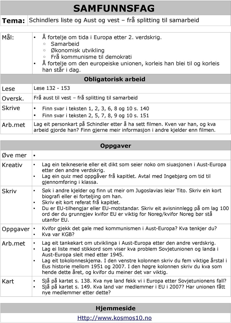 Frå aust til vest frå splitting til samarbeid Skrive Finn svar i teksten 1, 2, 3, 6, 8 og 10 s. 140 Finn svar i teksten 2, 5, 7, 8, 9 og 10 s. 151 Arb.