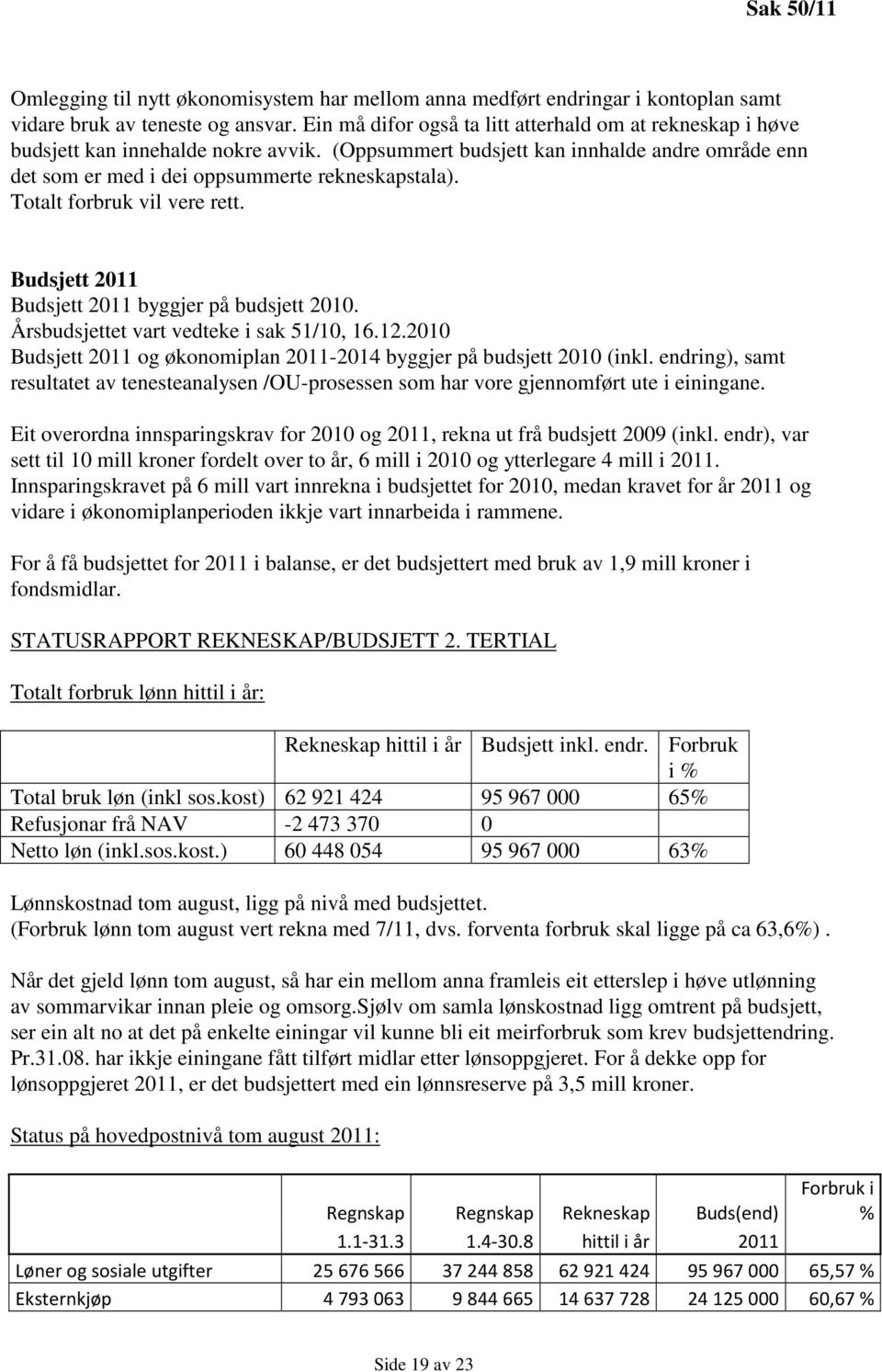 Totalt forbruk vil vere rett. Budsjett 2011 Budsjett 2011 byggjer på budsjett 2010. Årsbudsjettet vart vedteke i sak 51/10, 16.12.