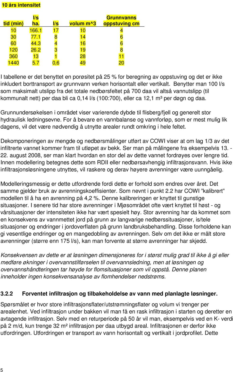 Benytter man 1 l/s som maksimalt utslipp fra det totale nedbørsfeltet på 7 daa vil altså vannutslipp (til kommunalt nett) per daa bli ca,14 l/s (1:7), eller ca 12,1 m³ per døgn og daa.