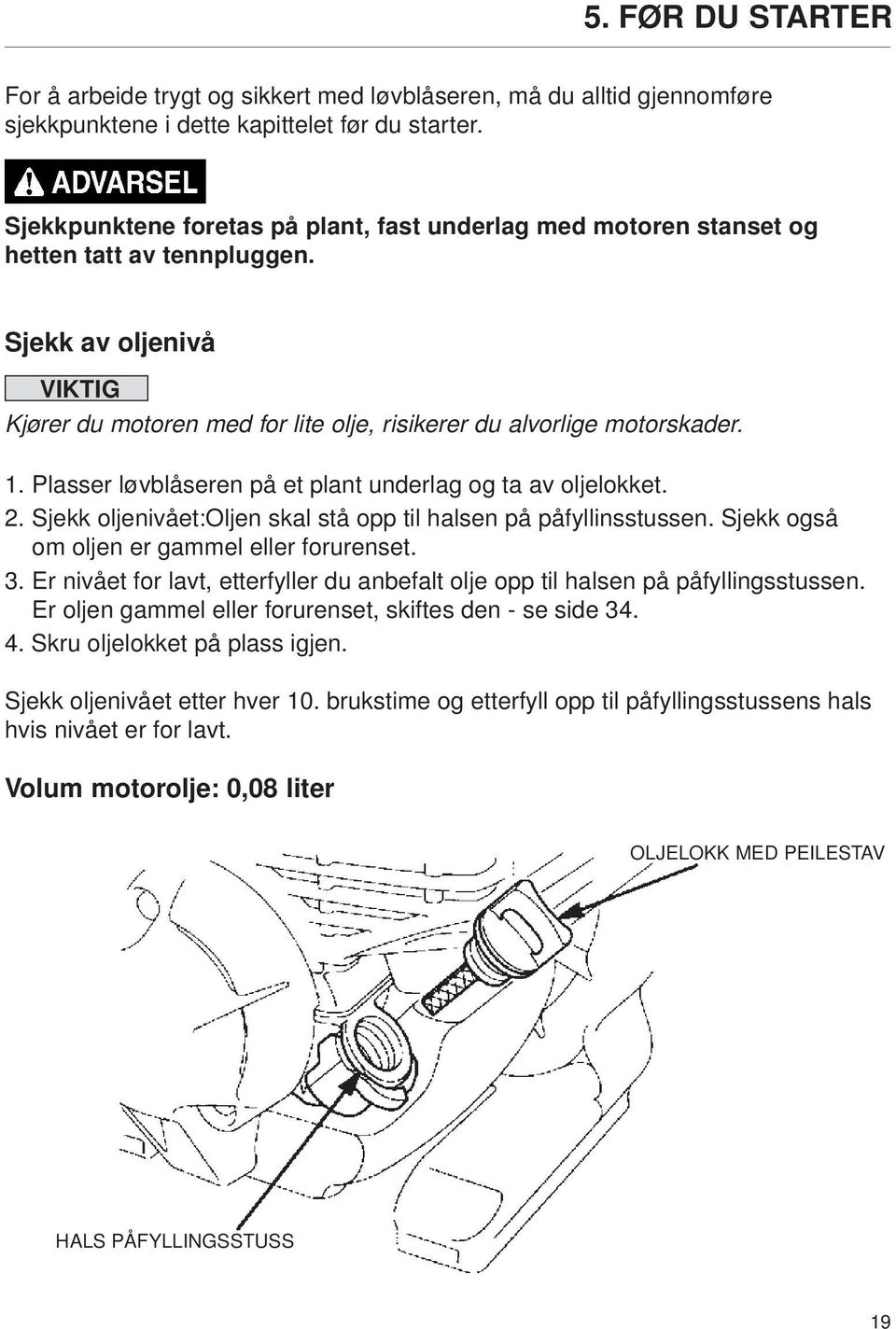 Plasser løvblåseren på et plant underlag og ta av oljelokket. 2. Sjekk oljenivået:oljen skal stå opp til halsen på påfyllinsstussen. Sjekk også om oljen er gammel eller forurenset. 3.