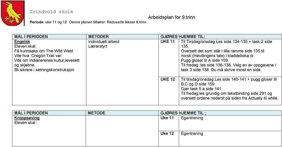 Oversett det som står i lilla ramme side 135 til norsk:(høvdingens tale) i kladdeboka di Pugg gloser til A side 159 Til fredag :les side 136-138.