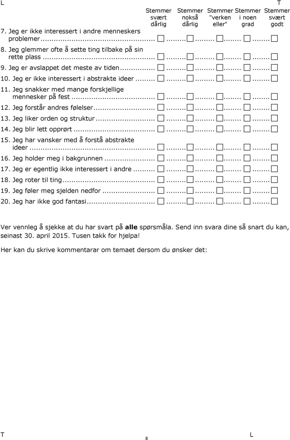 Jeg snakker med mange forskjellige mennesker på fest............... 12. Jeg forstår andres følelser............... 13. Jeg liker orden og struktur............... 14. Jeg blir lett opprørt............... 15.