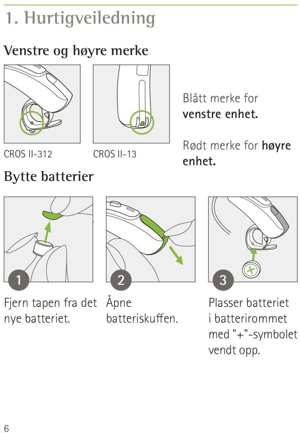 CROS II-312 CROS II-13 Bytte batterier Rødt merke for høyre  Bytte