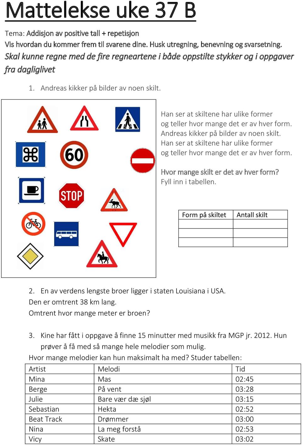 Fyll inn i tabellen. Form på skiltet Antall skilt 2. En av verdens lengste broer ligger i staten Louisiana i USA. Den er omtrent 38 km lang. Omtrent hvor mange meter er broen? 3. Kine har fått i oppgave å finne 15 minutter med musikk fra MGP jr.