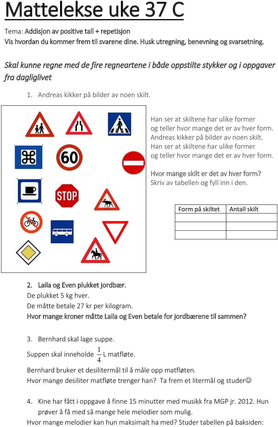 Skriv av tabellen og fyll inn i den. Form på skiltet Antall skilt 2. Laila og Even plukket jordbær. De plukket 5 kg hver. De måtte betale 27 kr per kilogram.